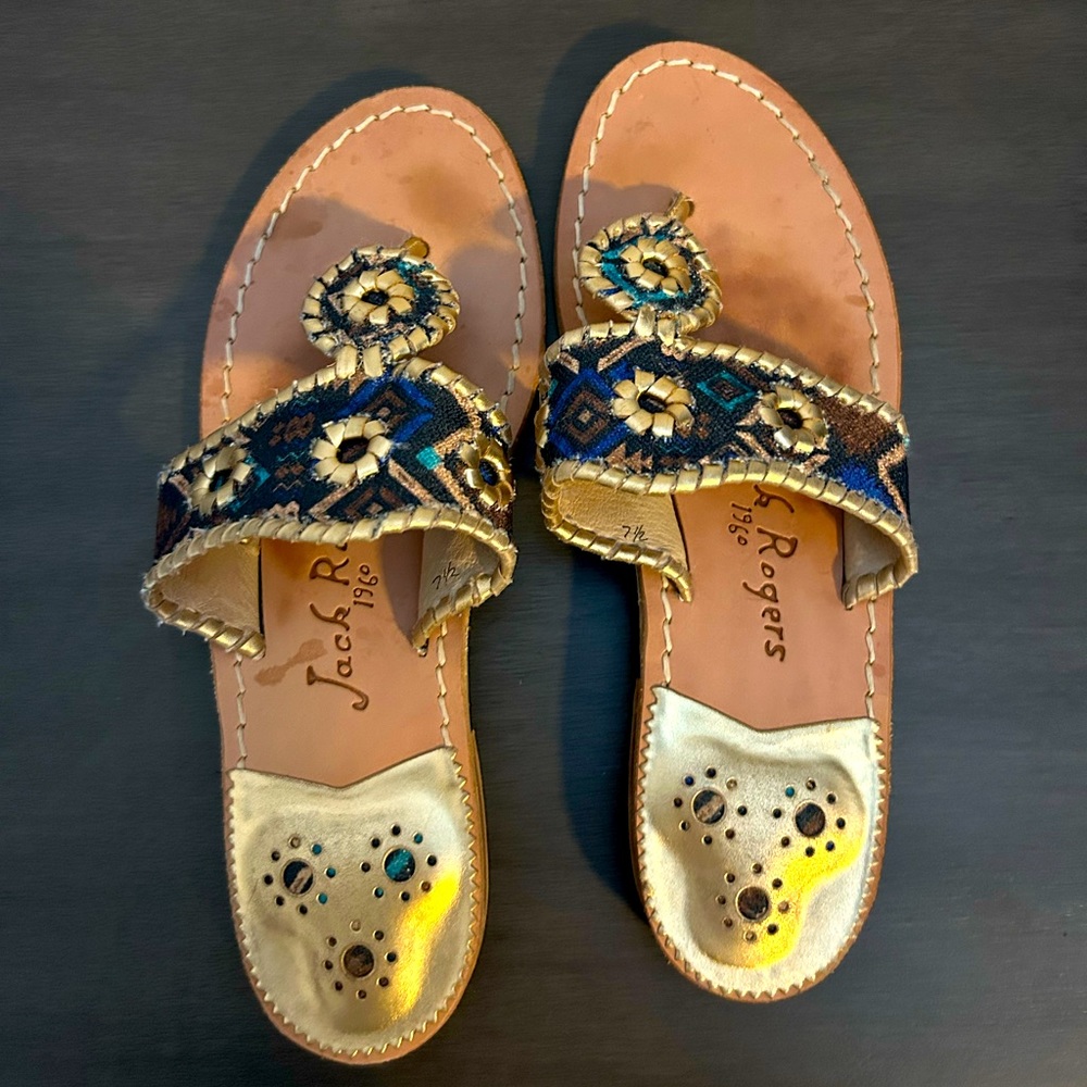 Jack Rogers Sandals- Tribal Pattern. Women’s 7.5 Gold, Blue, Turquoise, Burgandy
